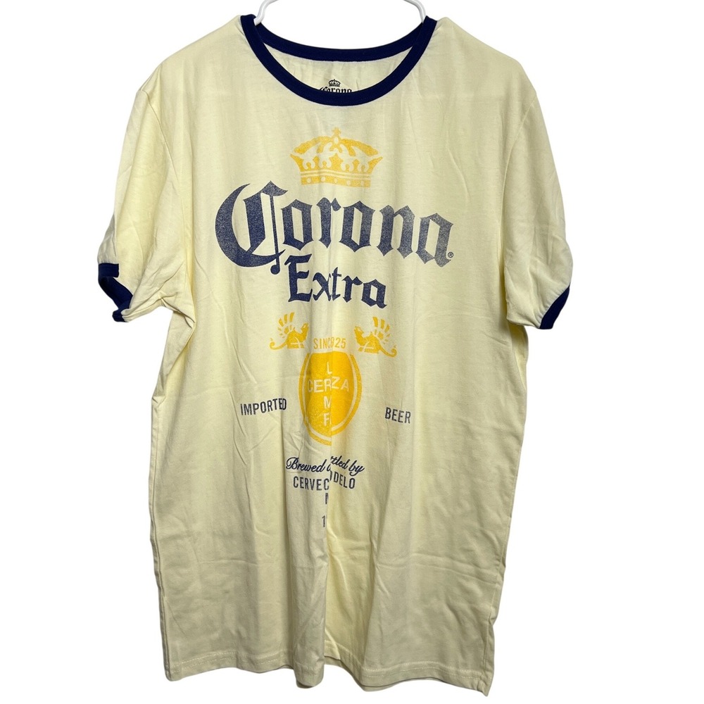 Corona Extra Beer Ringer T-Shirt Mens Large Yellow Navy Blue Graphic Party
Tee